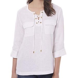 Ellen Tracy Lace up Blouse High Low Linen